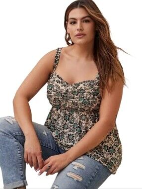 Torrid Floral Babydoll Stretch Mesh Shirred Bodice Tank Top. Size 1X